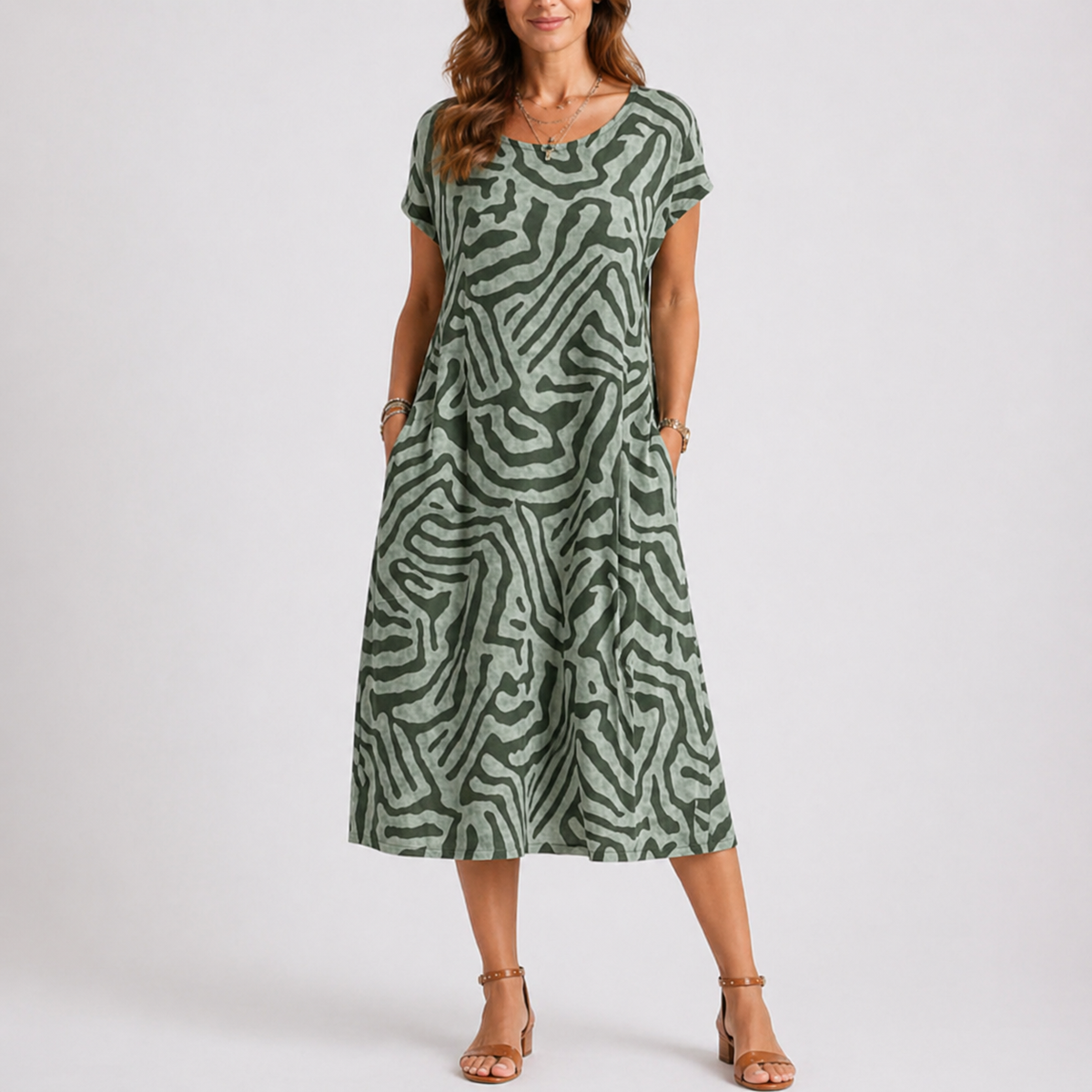 Daisy | Women’s Midi Dress | Abstract Print Round Neck Everyday Wear — image 04 — MAREACO