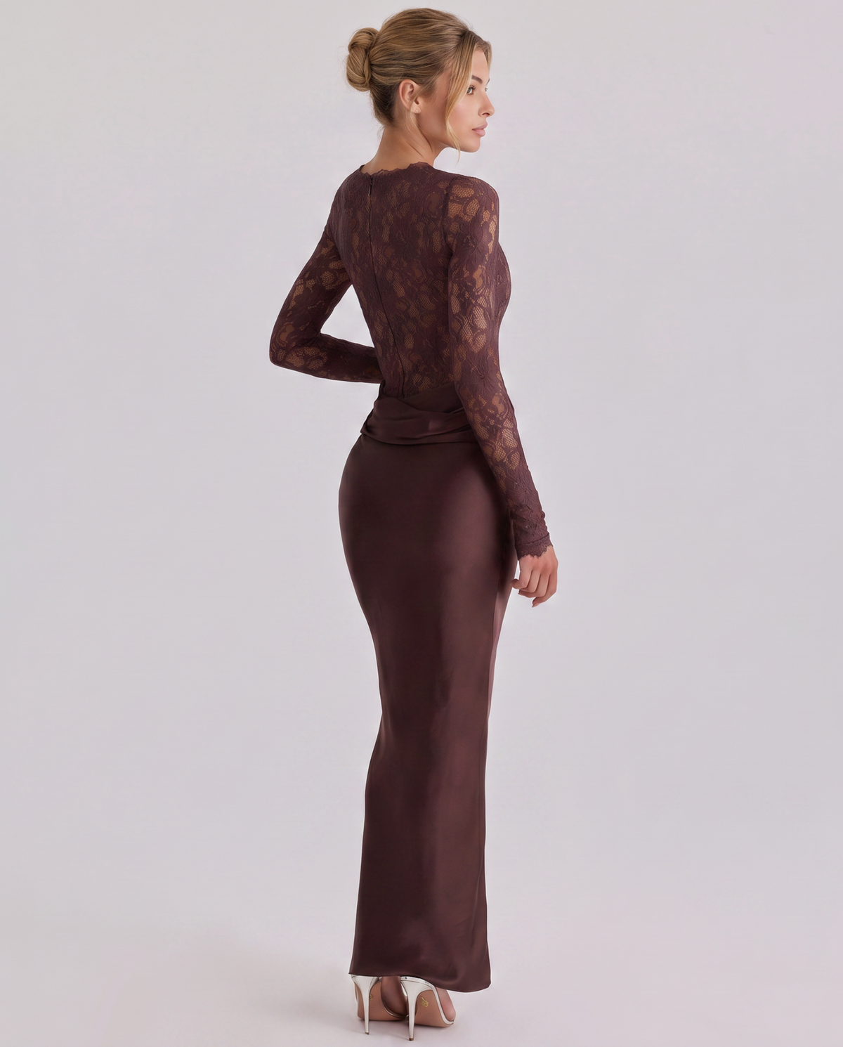 Ella | Women’s Maxi Dress | Long Sleeves Draped Skirt Evening Wear — image 03 — MAREACO