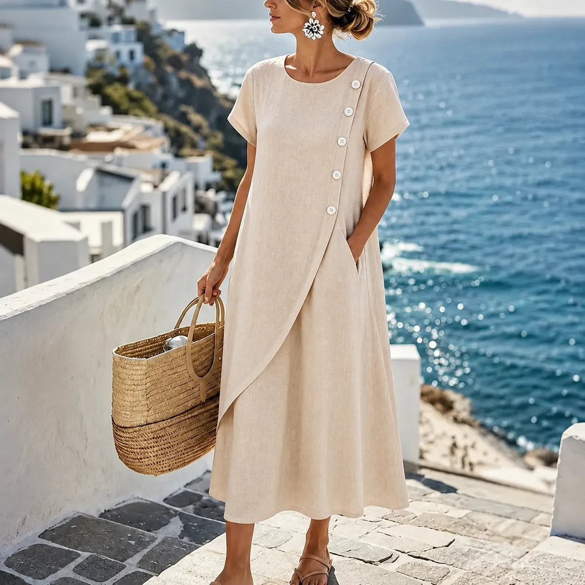 Emily | Women’s Midi Dress | Asymmetric Buttons Side Pockets Summer Wear — image 13 — MAREACO