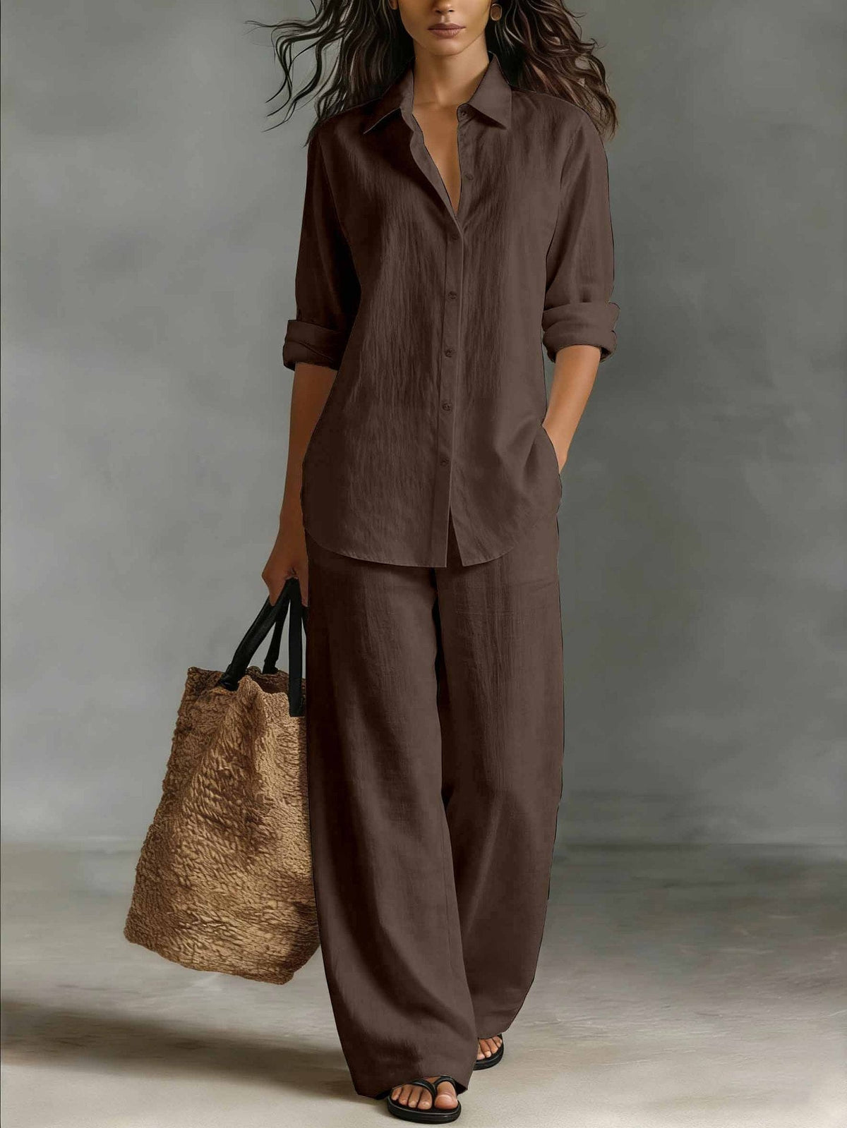 Jessica | Women’s Two-Piece Set | Button Front Shirt Wide Leg Trousers Daywear — image 09 — MAREACO