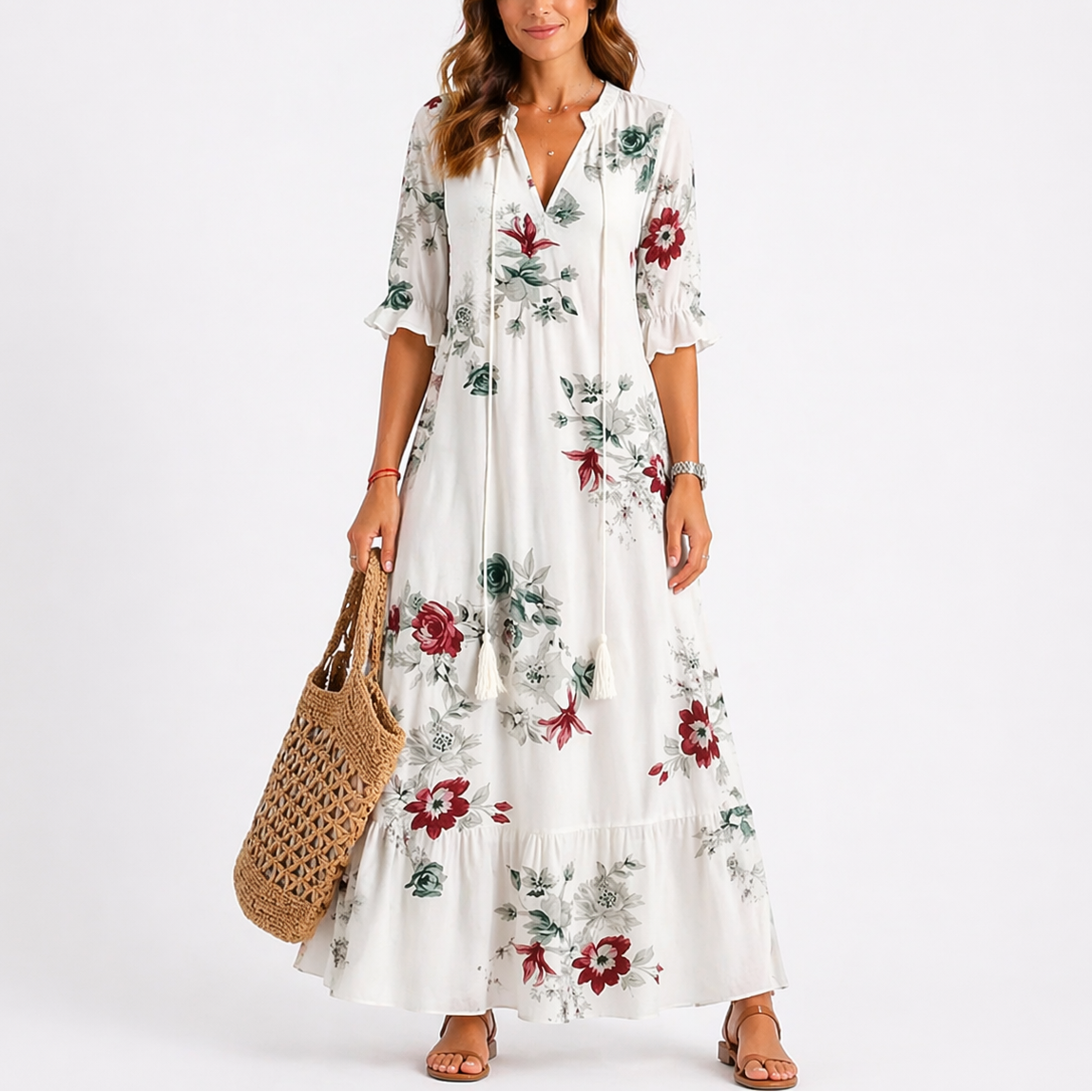 Lily | Women’s Midi Dress | Floral Pattern Tiered Skirt Summer Wear — image 07 — MAREACO