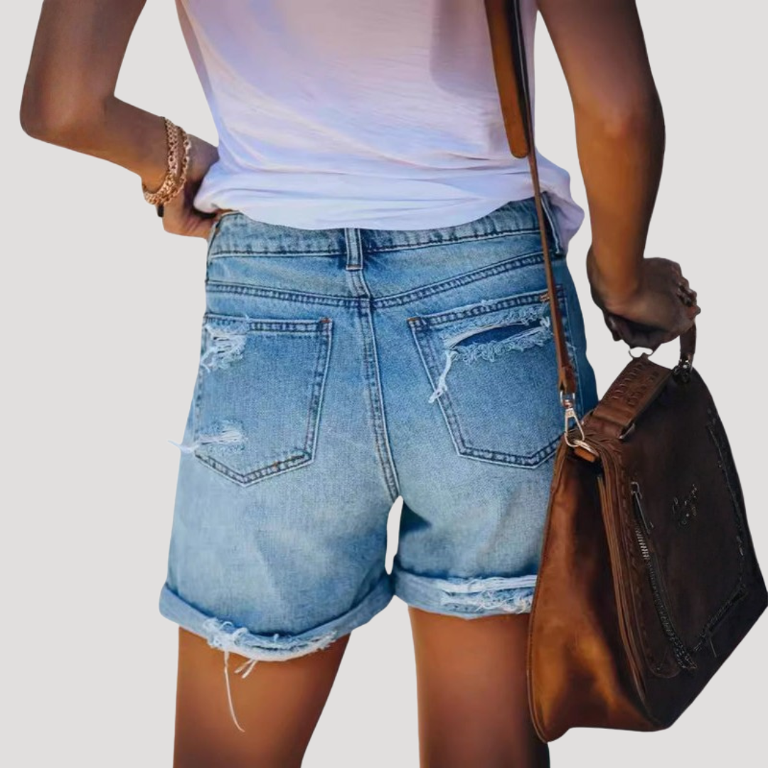 Freya | Women’s Denim Shorts | High Waist Distressed Details Summer Wear — image 05