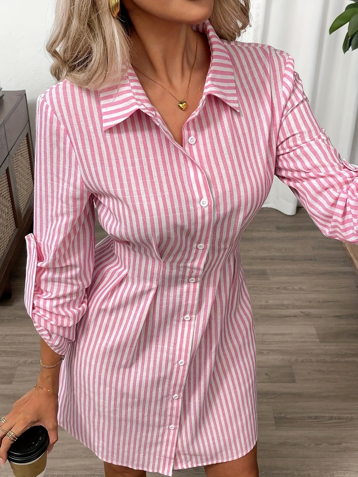 Mia | Women’s Mini Dress | Striped Pattern Button Front Everyday Wear — image 06 — MAREACO