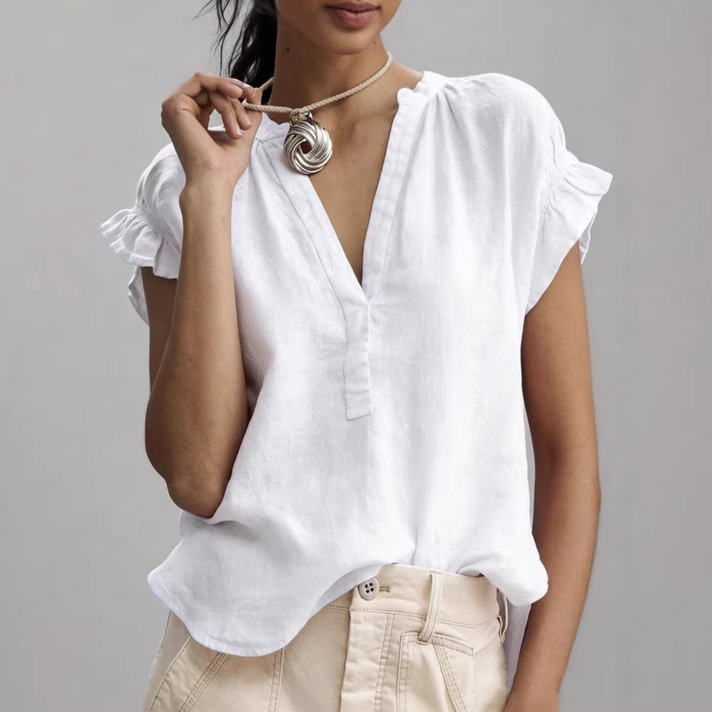 Olivia | Women’s Blouse | V Neck Ruffle Sleeves Summer Wear — image 04 — MAREACO