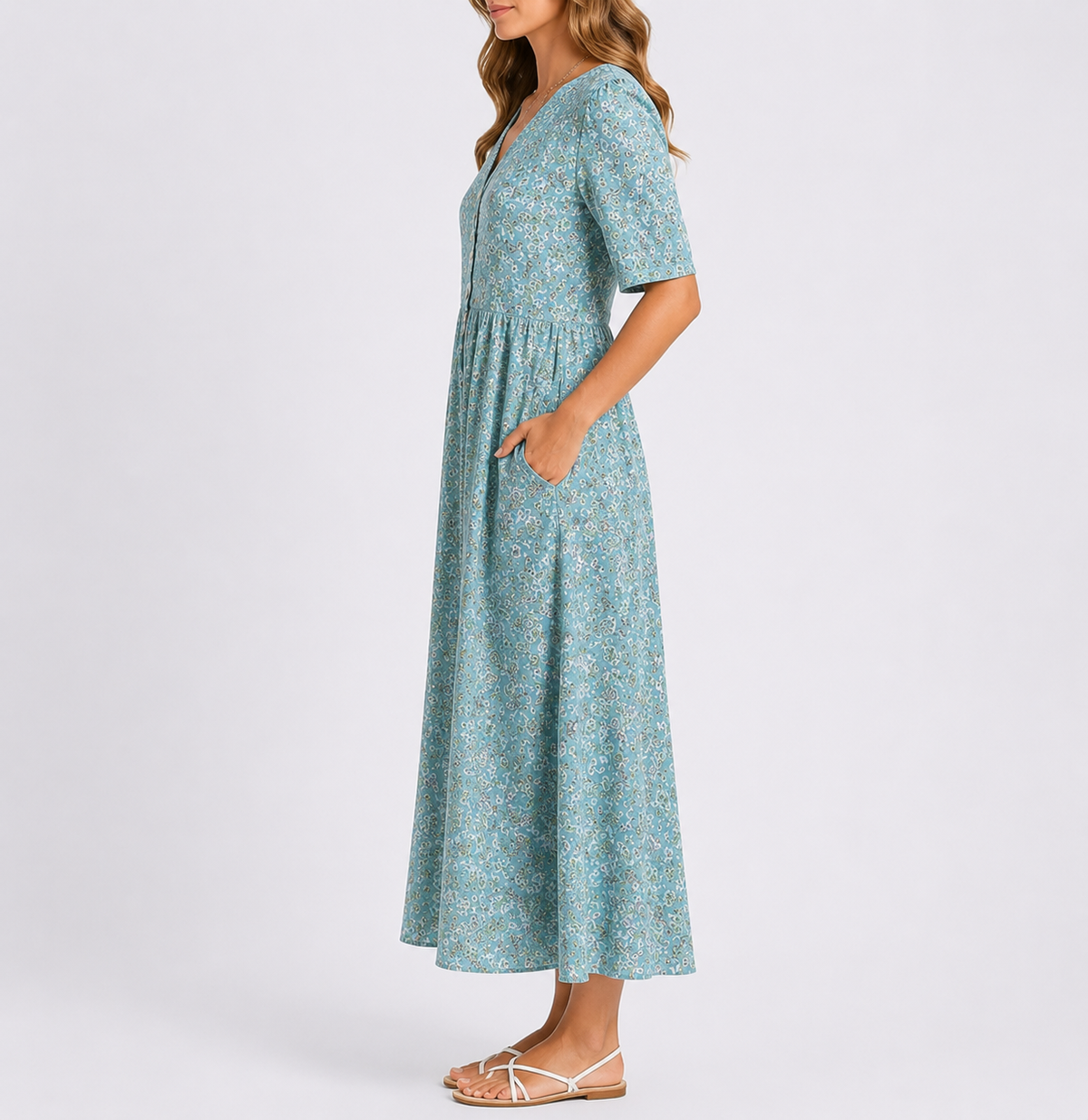 Olivia | Women’s Midi Dress | Floral Print Side Pockets Everyday Wear — image 02 — MAREACO