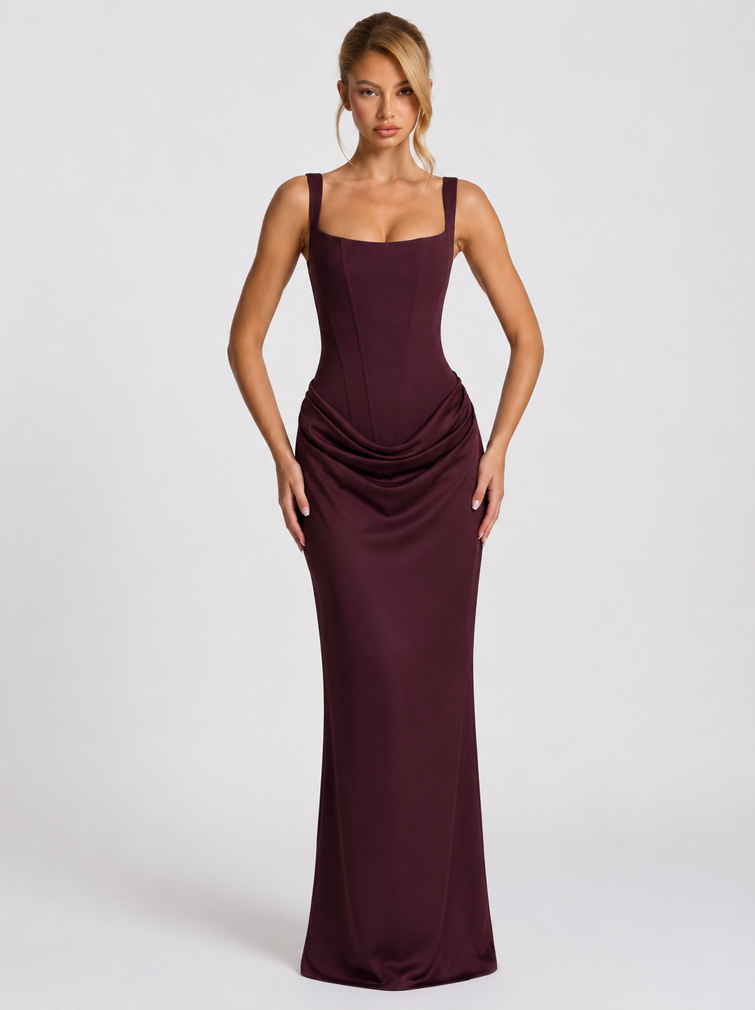 Scarlett | Women’s Corset Maxi Dress | Square Neck Draped Skirt Evening Wear — image 16 — MAREACO