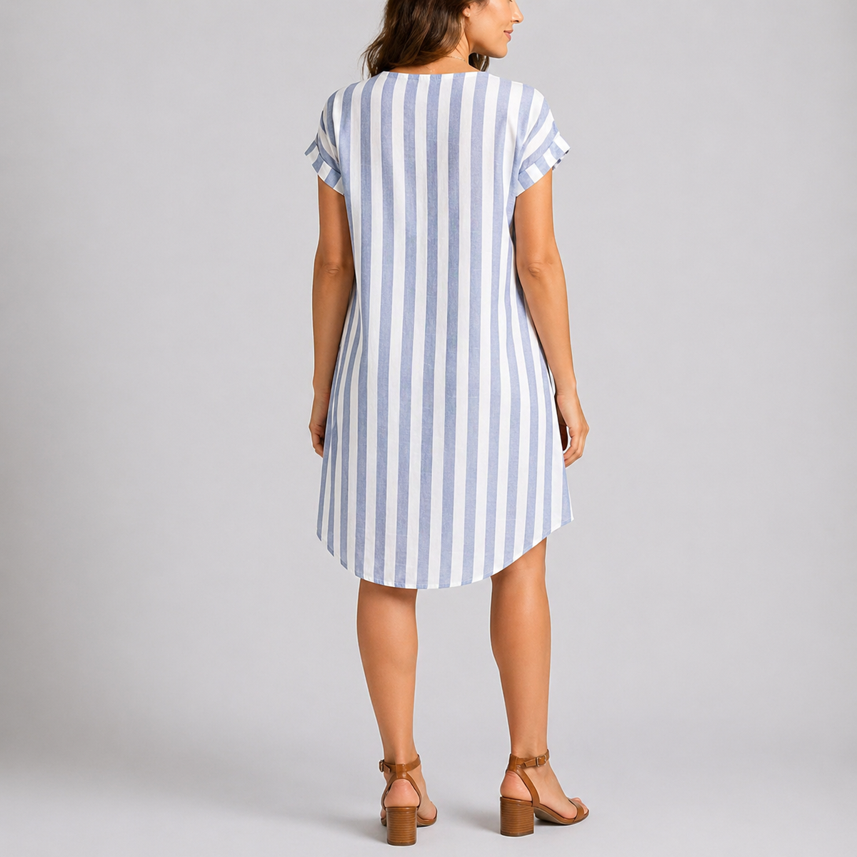 Scarlett | Women’s Midi Dress | Vertical Stripes Button Front Everyday Wear — image 02 — MAREACO