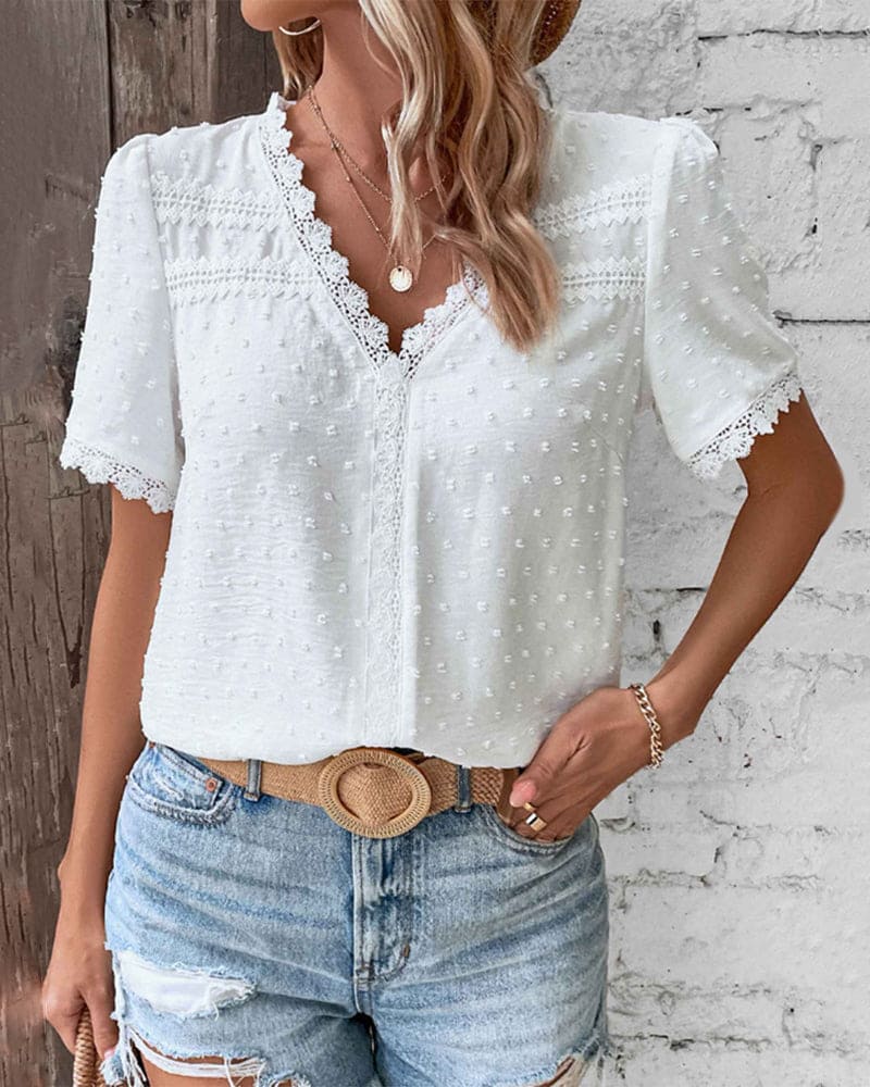 Alice | Women’s Blouse | Dotted Pattern Cutwork Trim Summer Wear — image 01 — MAREACO