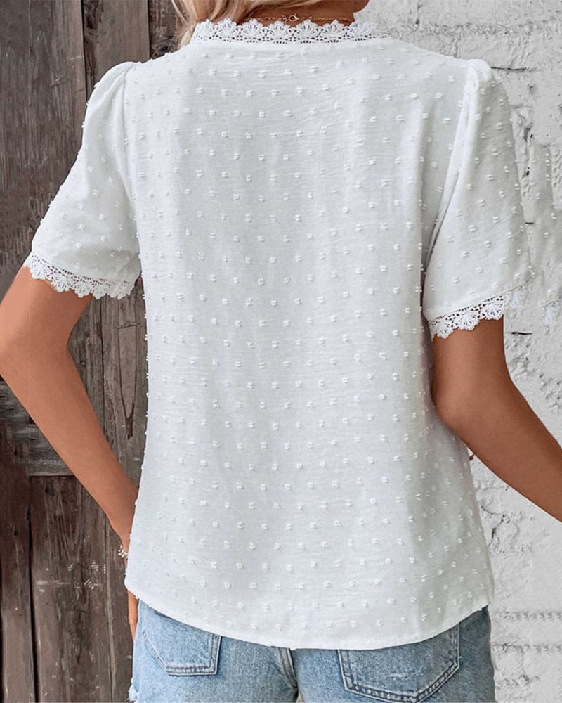 Alice | Women’s Blouse | Dotted Pattern Cutwork Trim Summer Wear — image 02 — MAREACO