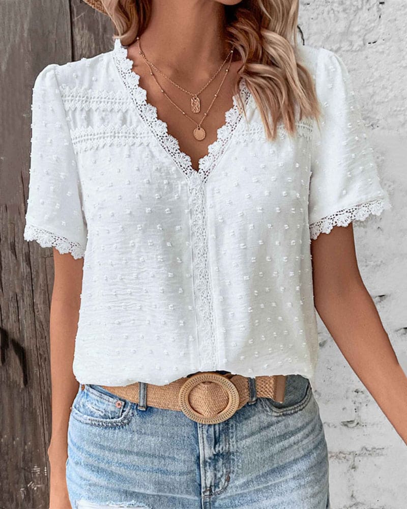 Alice | Women’s Blouse | Dotted Pattern Cutwork Trim Summer Wear — image 03 — MAREACO