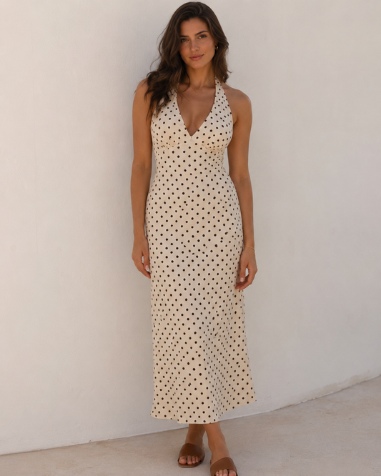 Alice | Women’s Maxi Dress | Polka Dot Print Halter Neck Occasion Wear — image 01 — MAREACO