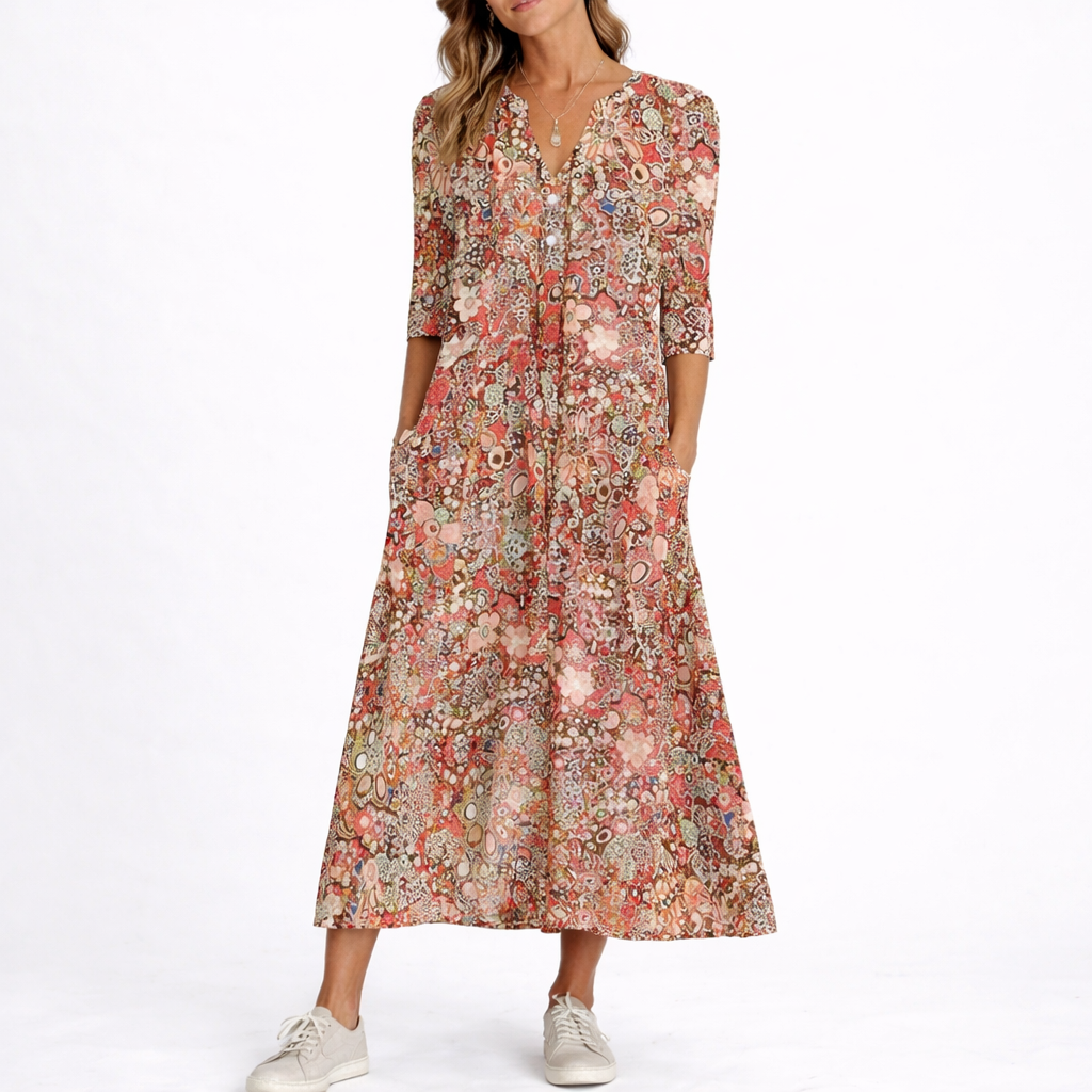 Alice | Women’s Midi Dress | Floral Print Side Pockets Everyday Wear — image 02 — MAREACO