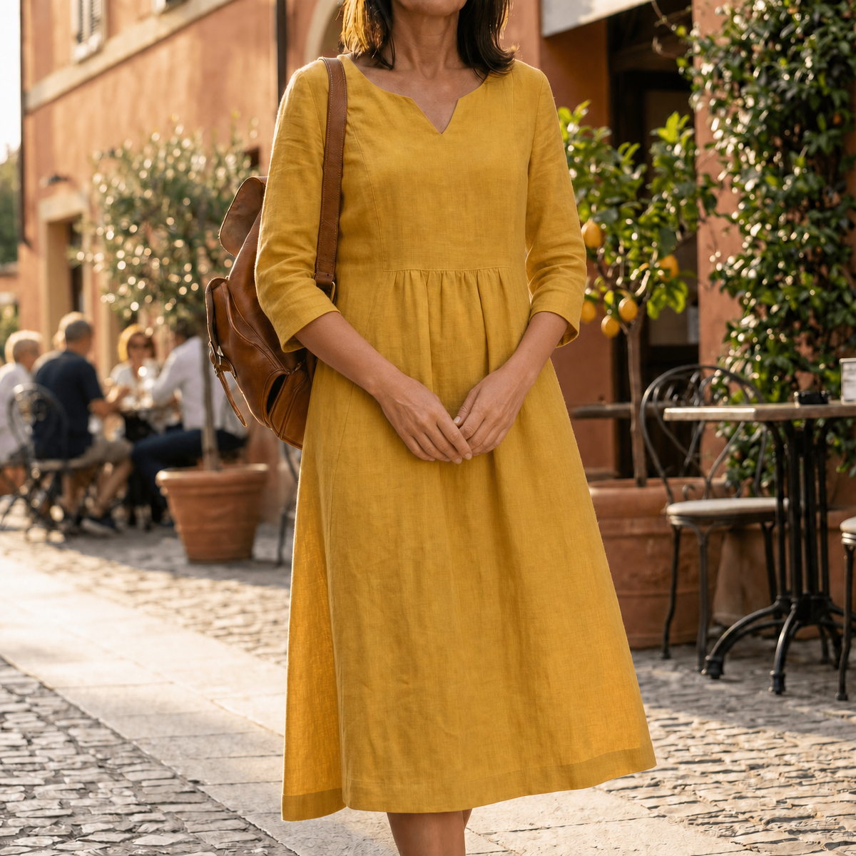 Alice | Women’s Midi Dress | V Neck Gathered Waist Everyday Wear — image 01 — MAREACO