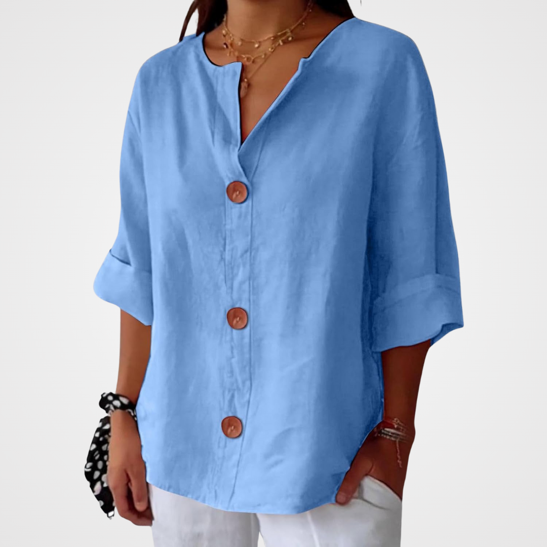 Amelia | Women’s Blouse | V Neck Front Buttons Everyday Wear — image 01 — MAREACO