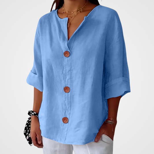 Amelia | Women’s Blouse | V Neck Front Buttons Everyday Wear — image 01 — MAREACO