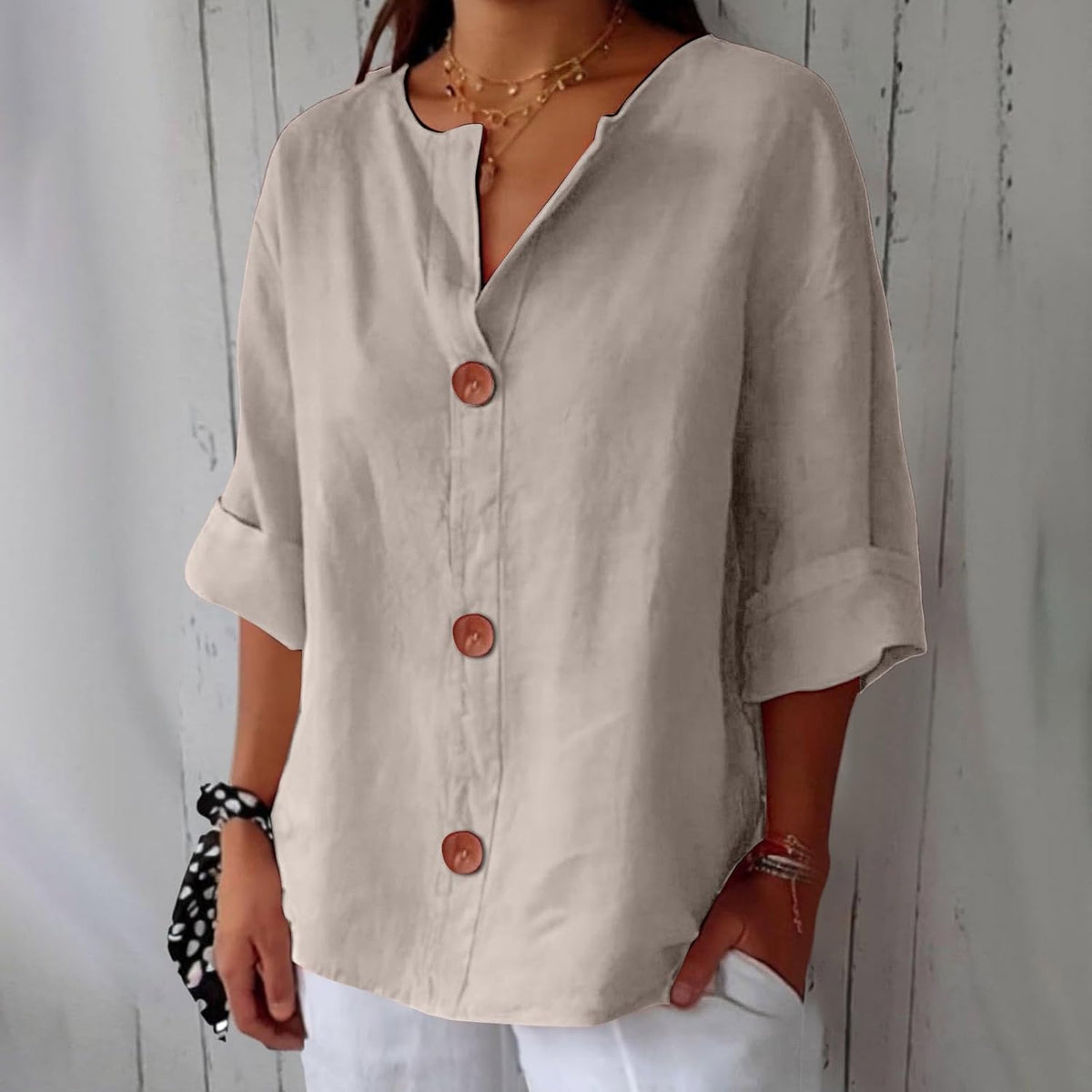 Amelia | Women’s Blouse | V Neck Front Buttons Everyday Wear — image 02 — MAREACO