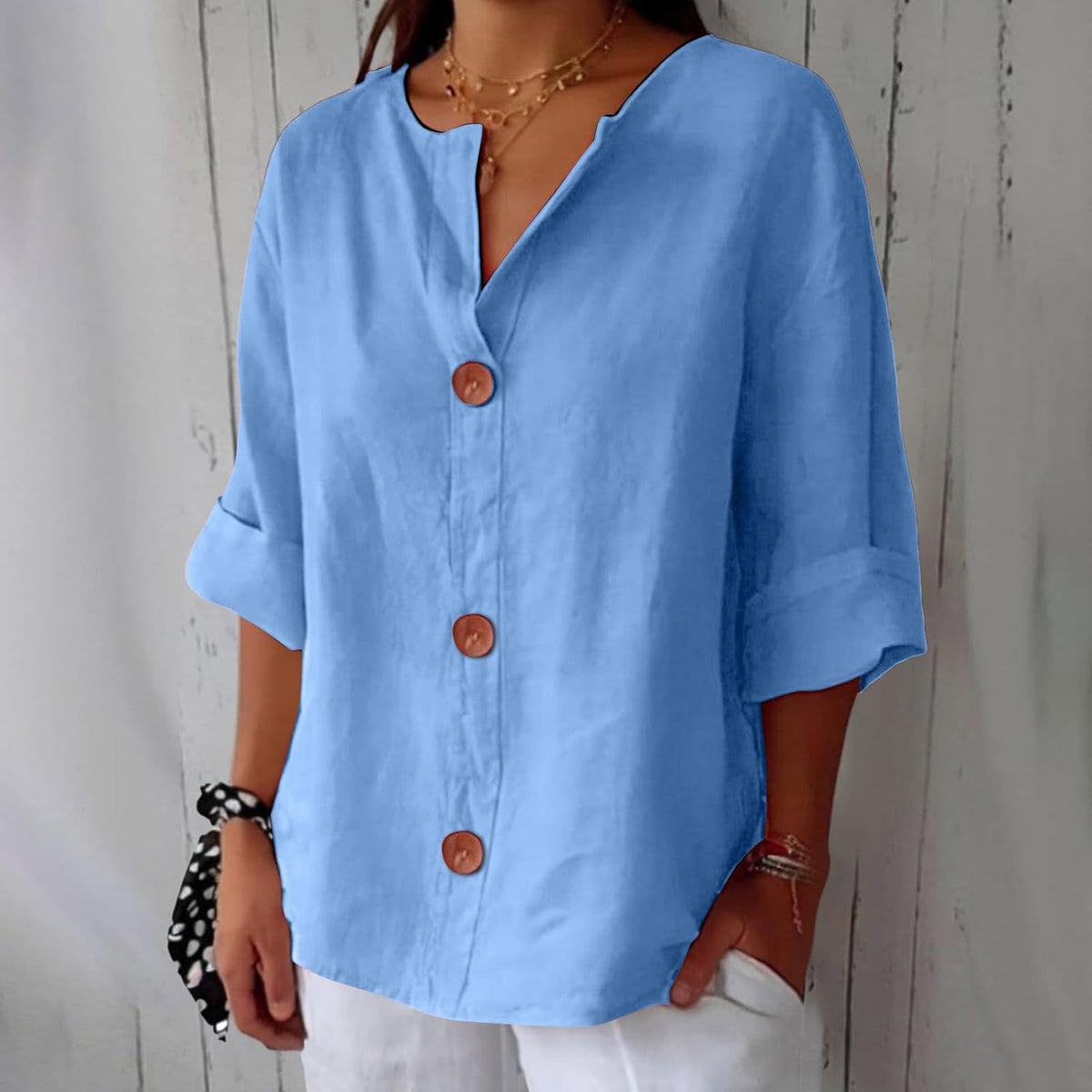 Amelia | Women’s Blouse | V Neck Front Buttons Everyday Wear — image 03 — MAREACO