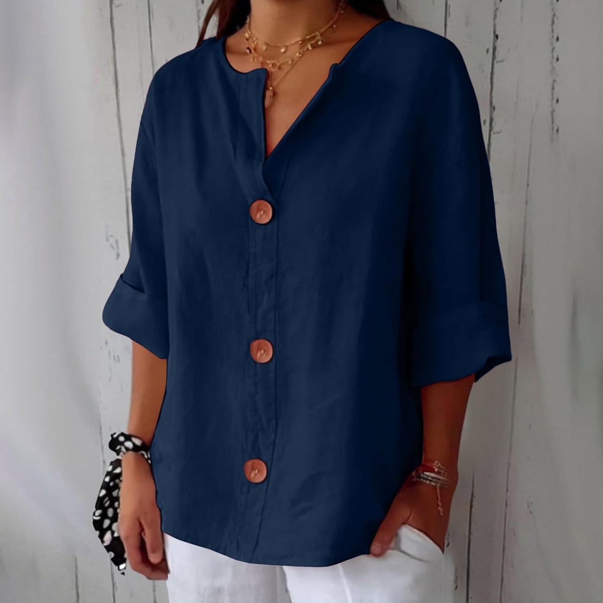Amelia | Women’s Blouse | V Neck Front Buttons Everyday Wear — image 04 — MAREACO