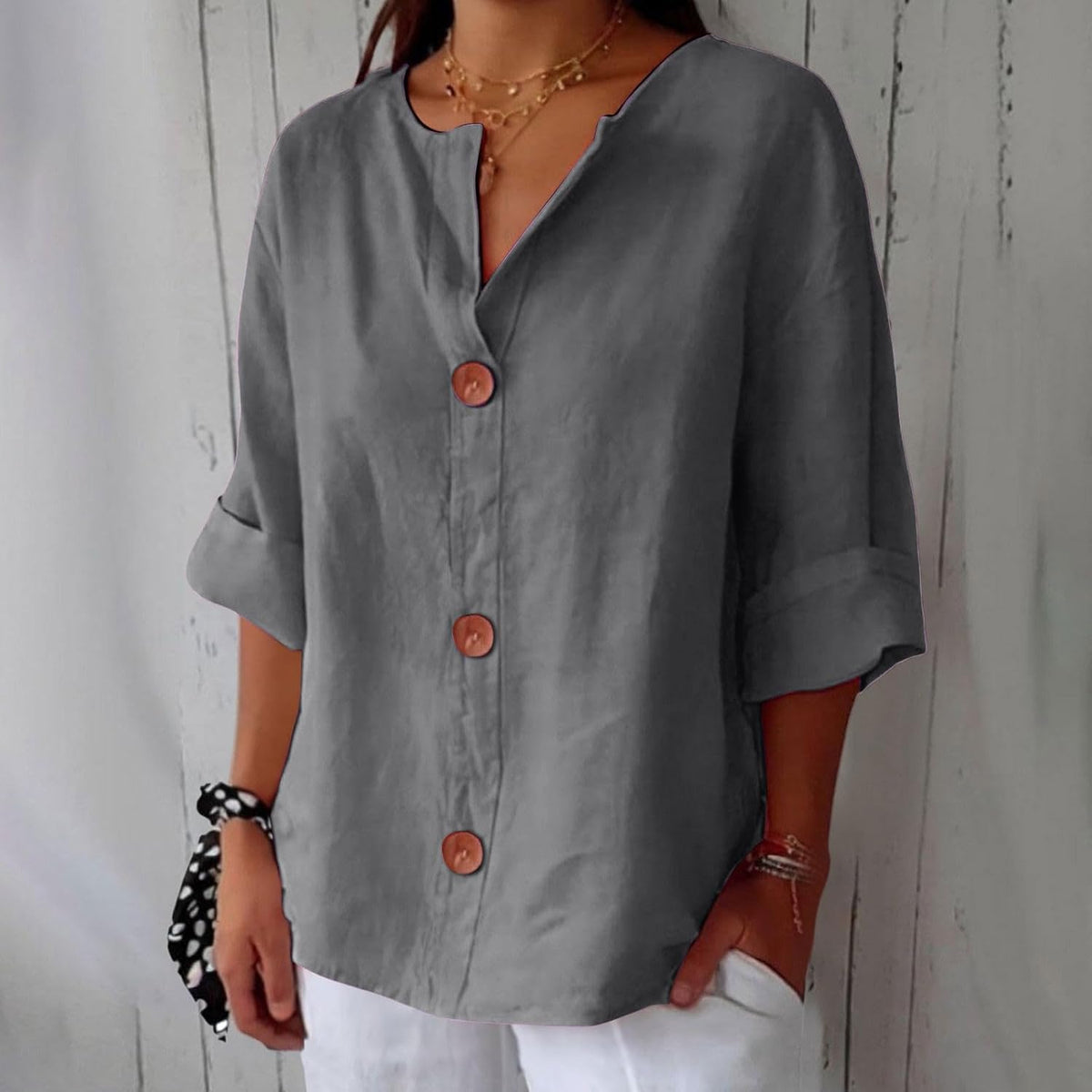 Amelia | Women’s Blouse | V Neck Front Buttons Everyday Wear — image 05 — MAREACO