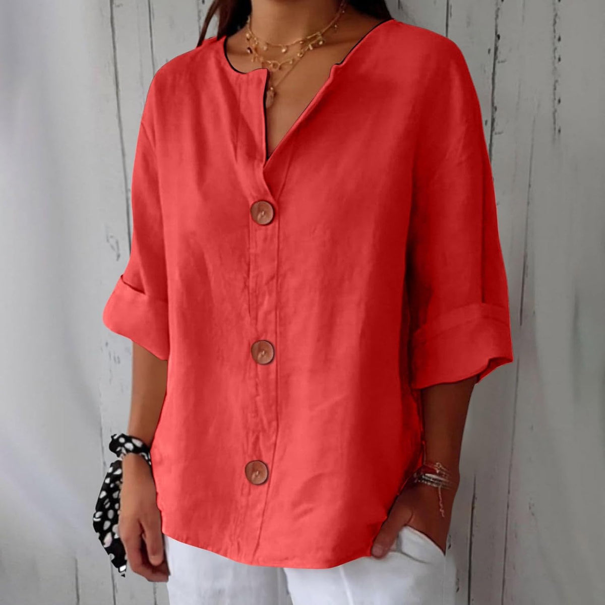 Amelia | Women’s Blouse | V Neck Front Buttons Everyday Wear — image 06 — MAREACO