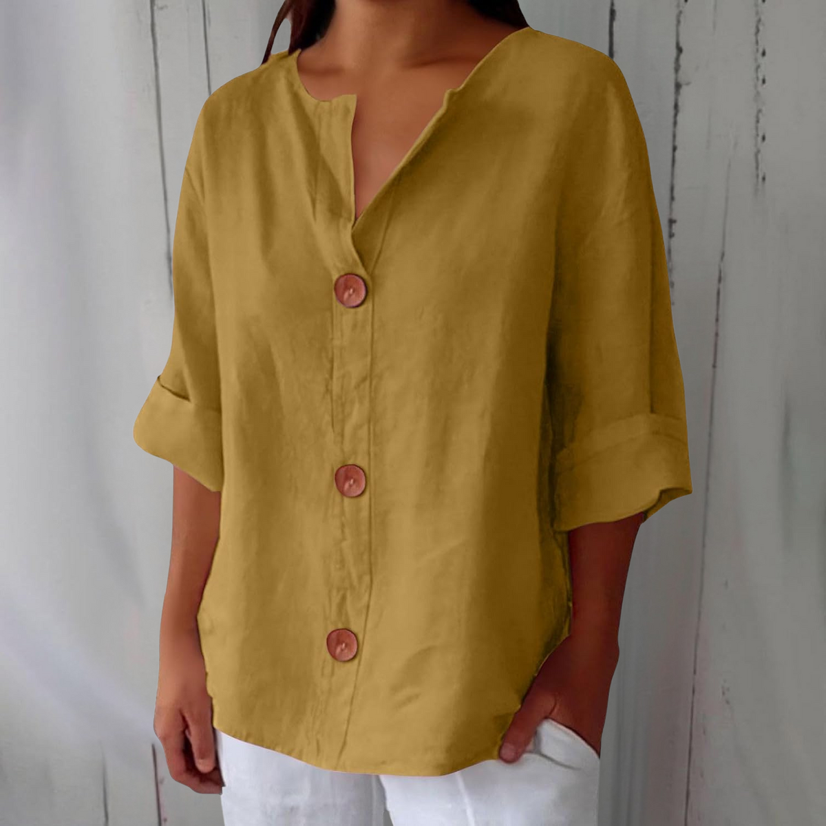 Amelia | Women’s Blouse | V Neck Front Buttons Everyday Wear — image 07 — MAREACO