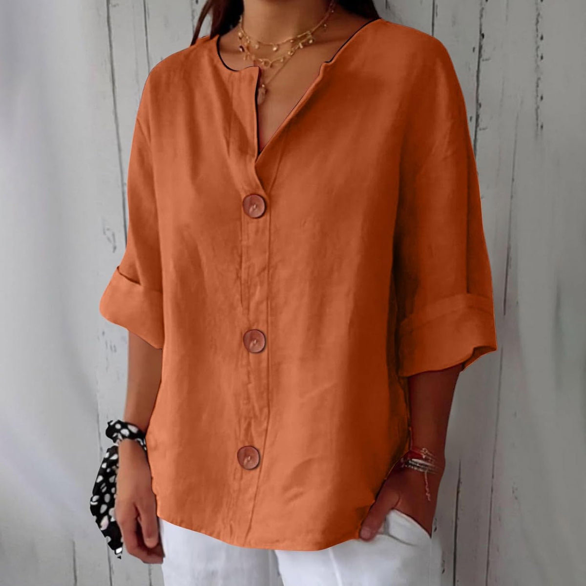 Amelia | Women’s Blouse | V Neck Front Buttons Everyday Wear — image 08 — MAREACO