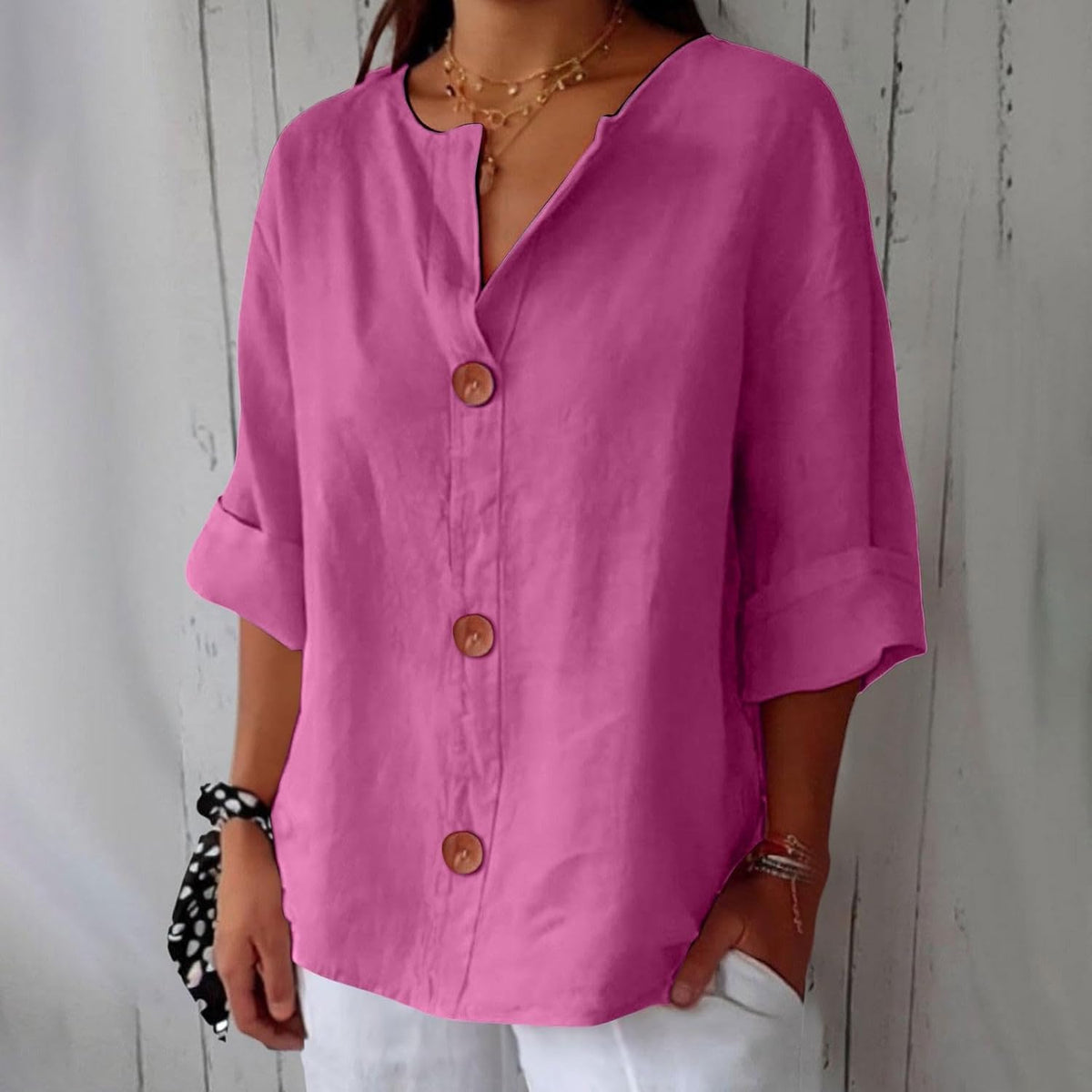 Amelia | Women’s Blouse | V Neck Front Buttons Everyday Wear — image 09 — MAREACO