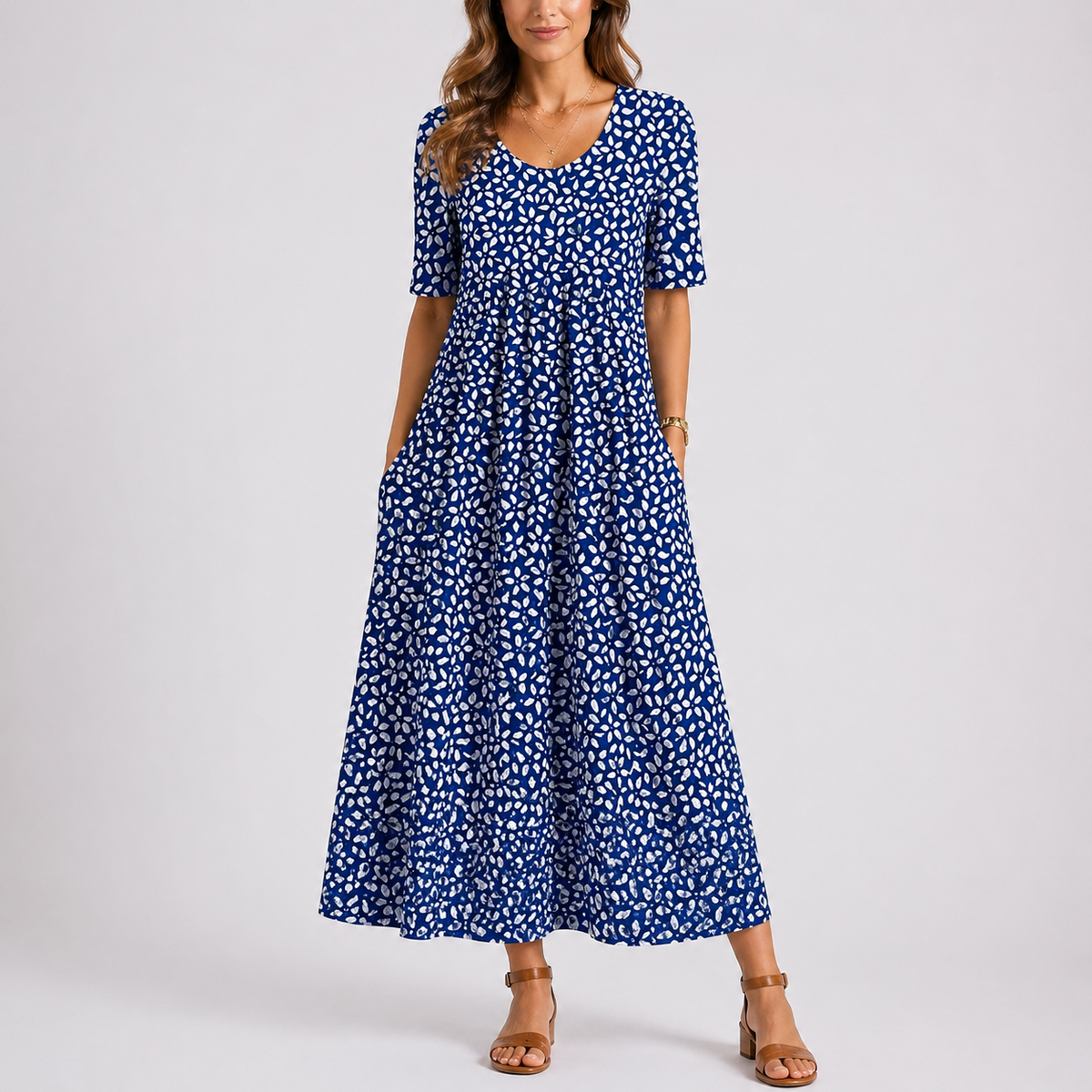 Amelia | Women’s Midi Dress | Floral Print Gathered Seams Everyday Wear — image 01 — MAREACO