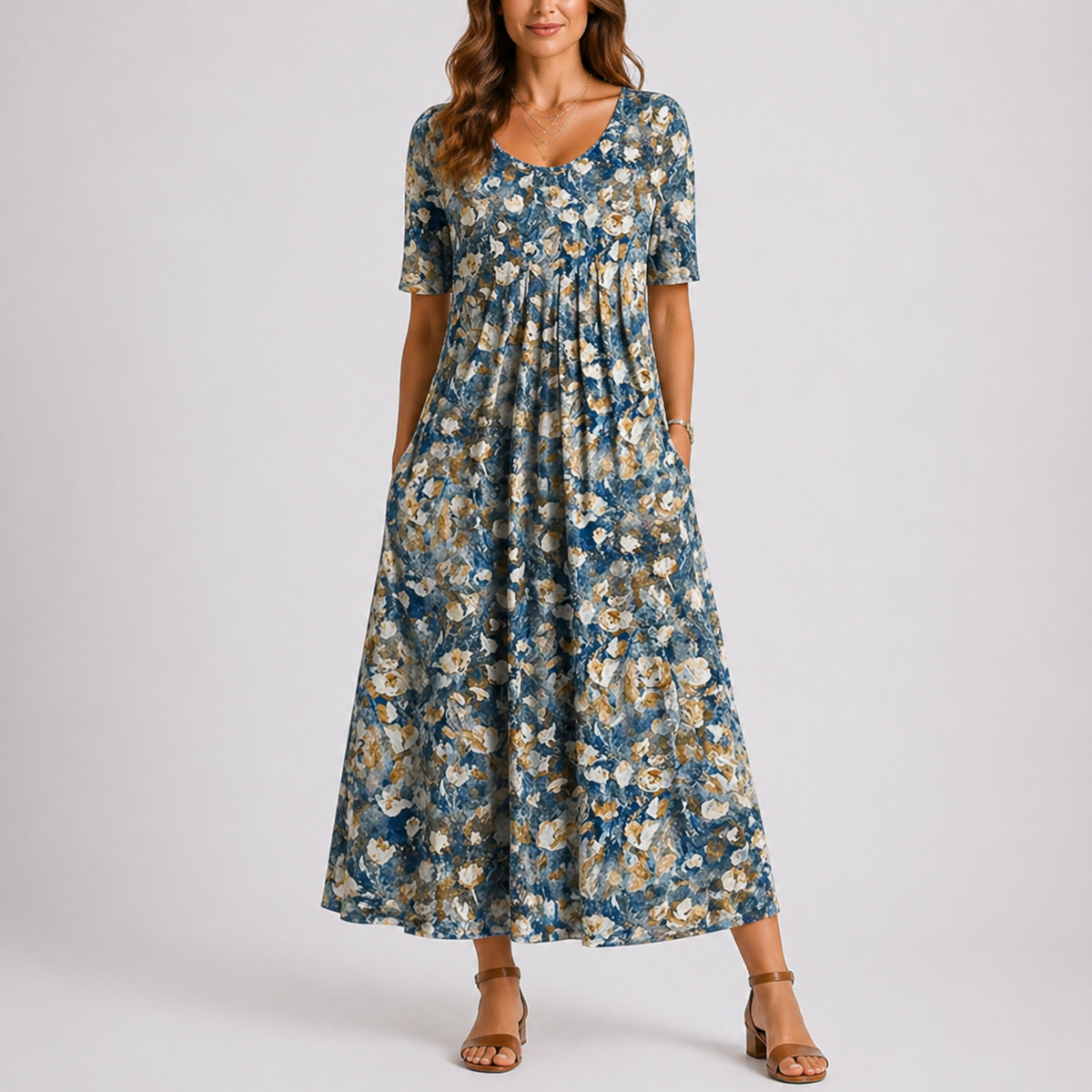 Amelia | Women’s Midi Dress | Floral Print Gathered Seams Everyday Wear — image 02 — MAREACO
