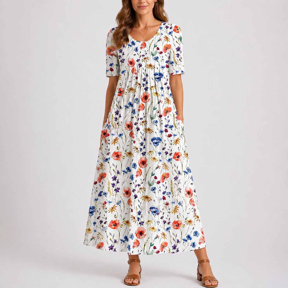Amelia | Women’s Midi Dress | Floral Print Gathered Seams Everyday Wear — image 03 — MAREACO
