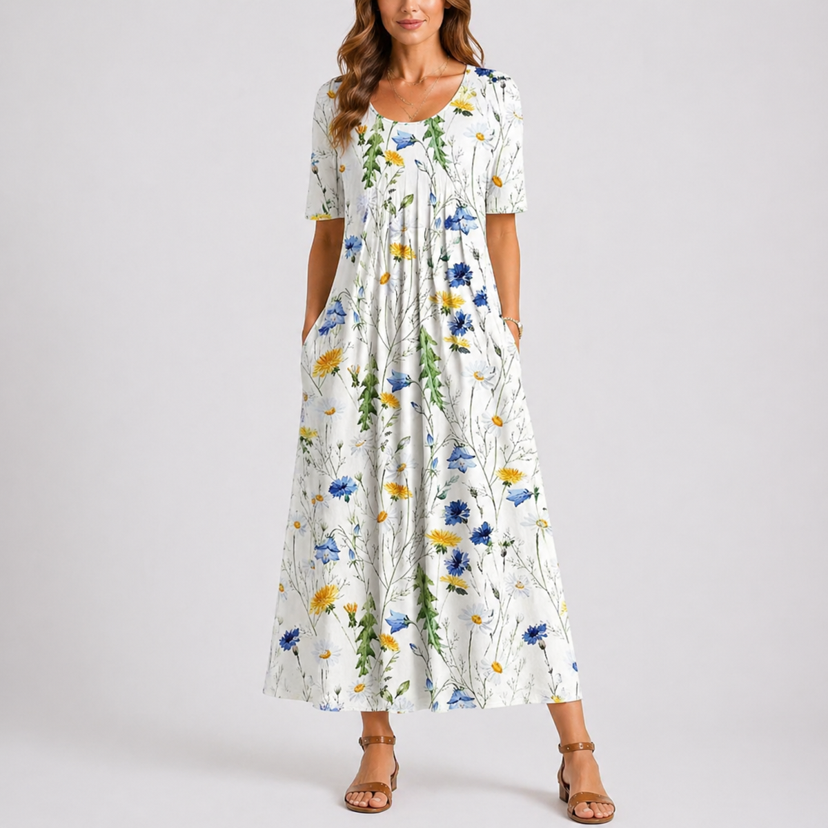 Amelia | Women’s Midi Dress | Floral Print Gathered Seams Everyday Wear — image 04 — MAREACO
