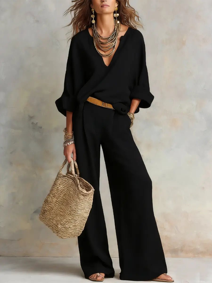 Amelia | Women’s Two-Piece Set | V Neck Long Sleeves Holiday Wear — image 02 — MAREACO