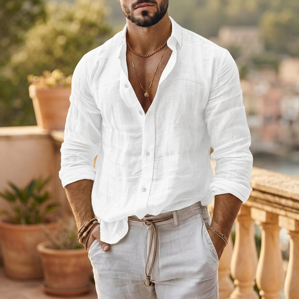 Charles | Men’s Shirt | Band Collar Long Sleeves Summer Wear — image 01 — MAREACO