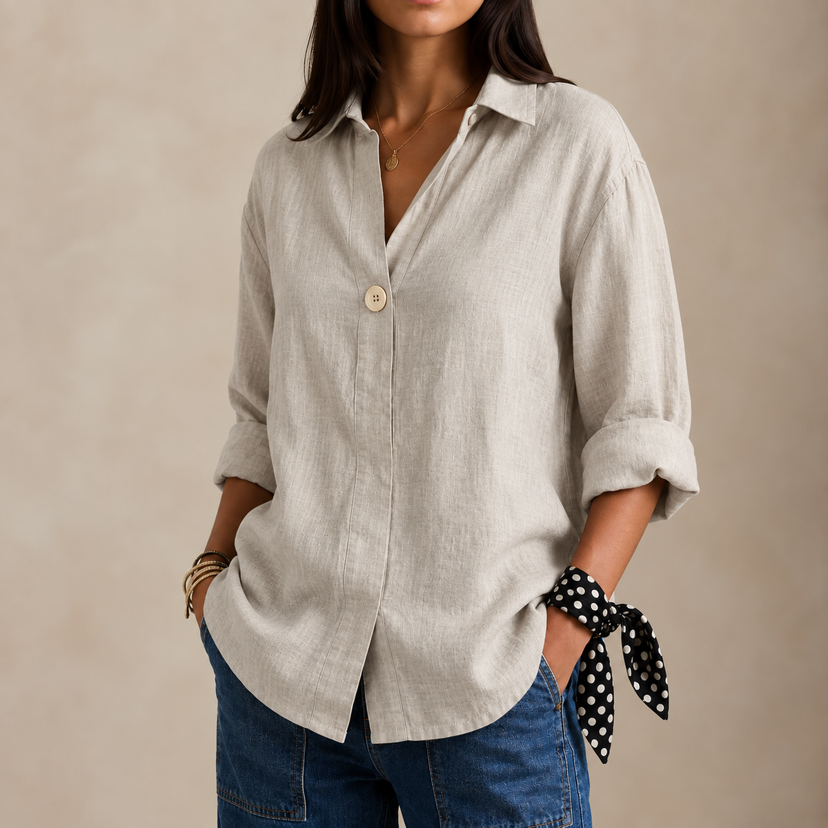 Charlotte | Women’s Blouse | Single Button Curved Hem Everyday Wear — image 01 — MAREACO