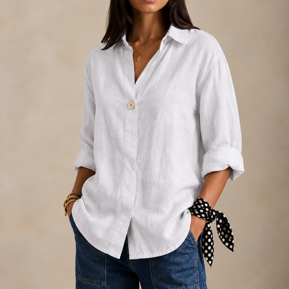 Charlotte | Women’s Blouse | Single Button Curved Hem Everyday Wear — image 02 — MAREACO