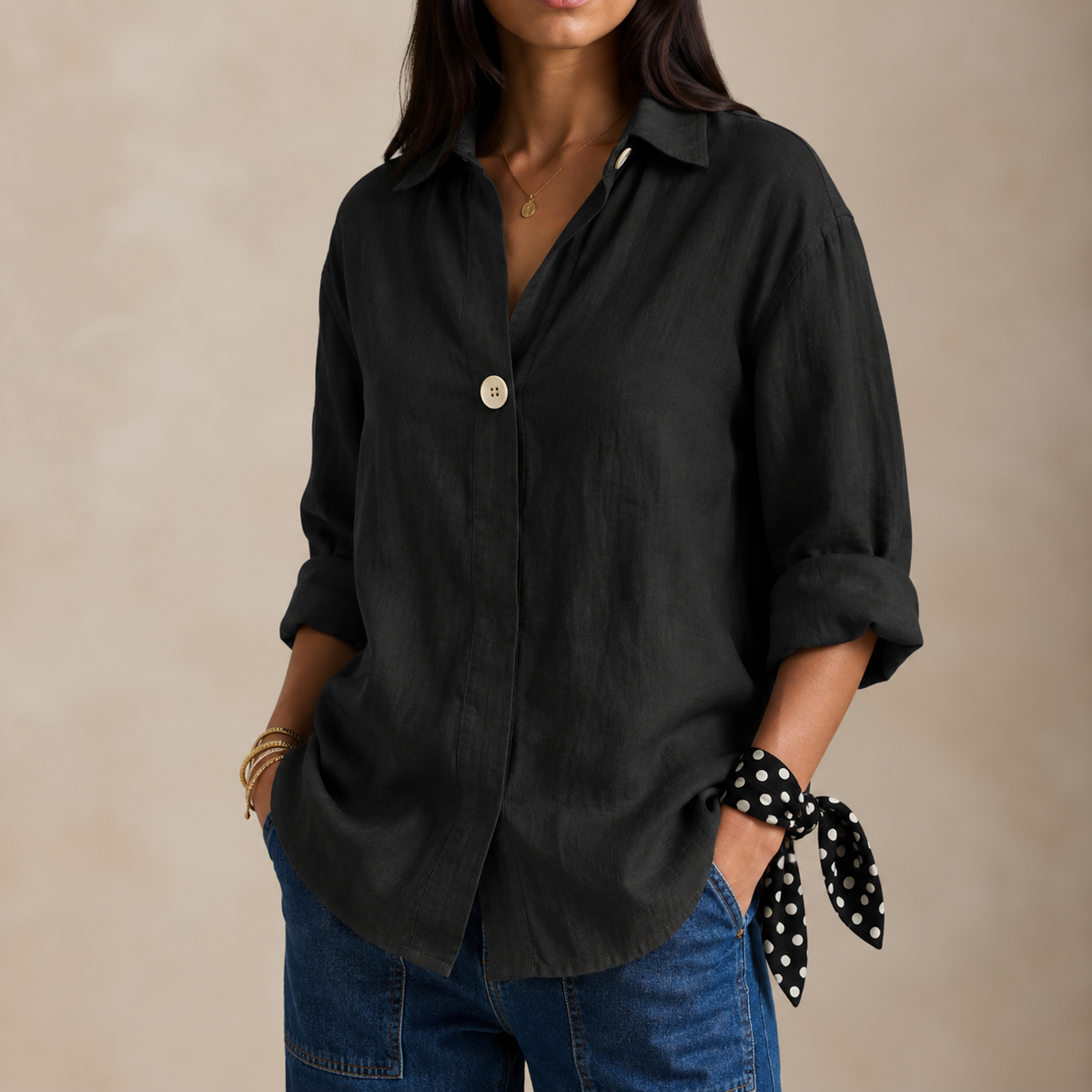 Charlotte | Women’s Blouse | Single Button Curved Hem Everyday Wear — image 03 — MAREACO