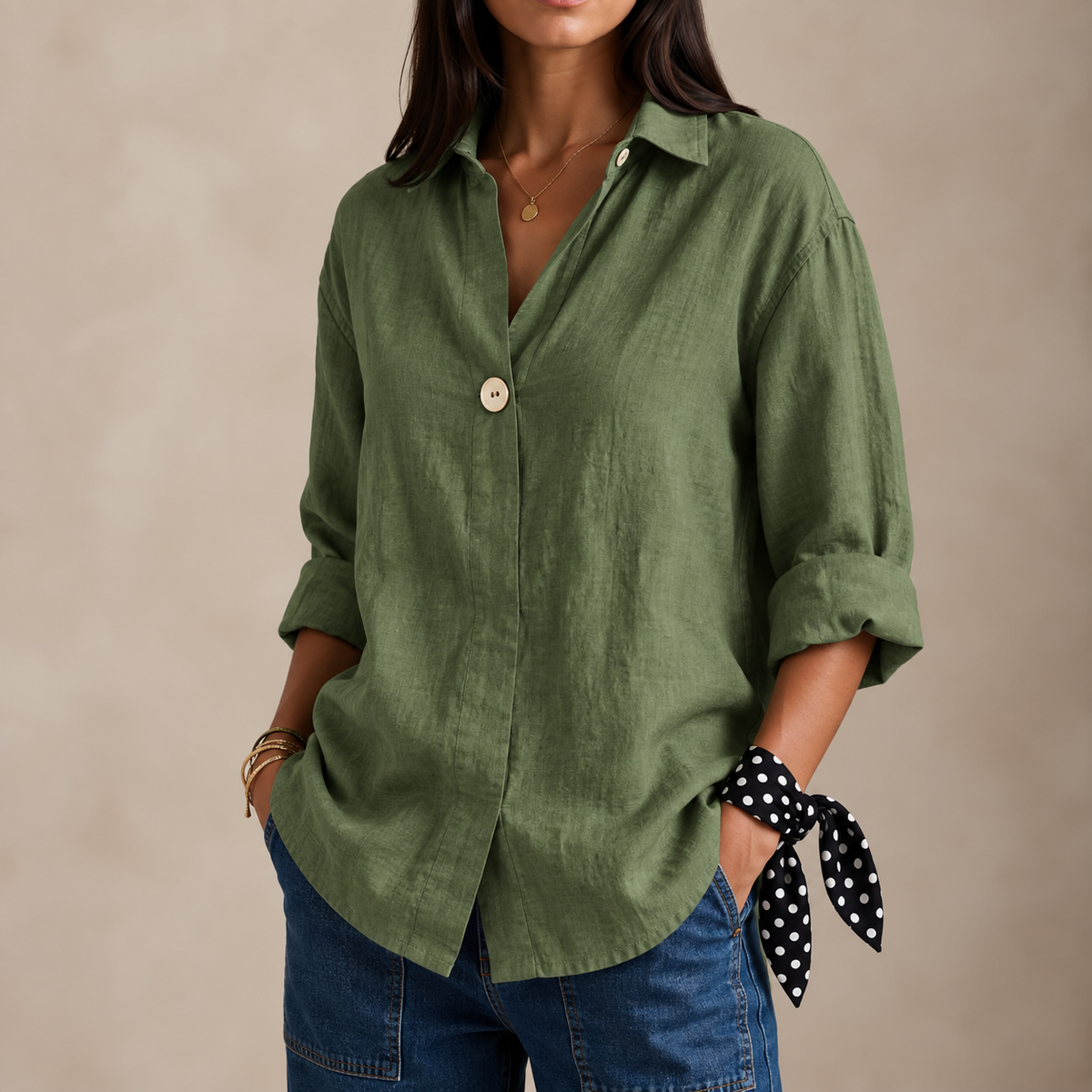 Charlotte | Women’s Blouse | Single Button Curved Hem Everyday Wear — image 05 — MAREACO