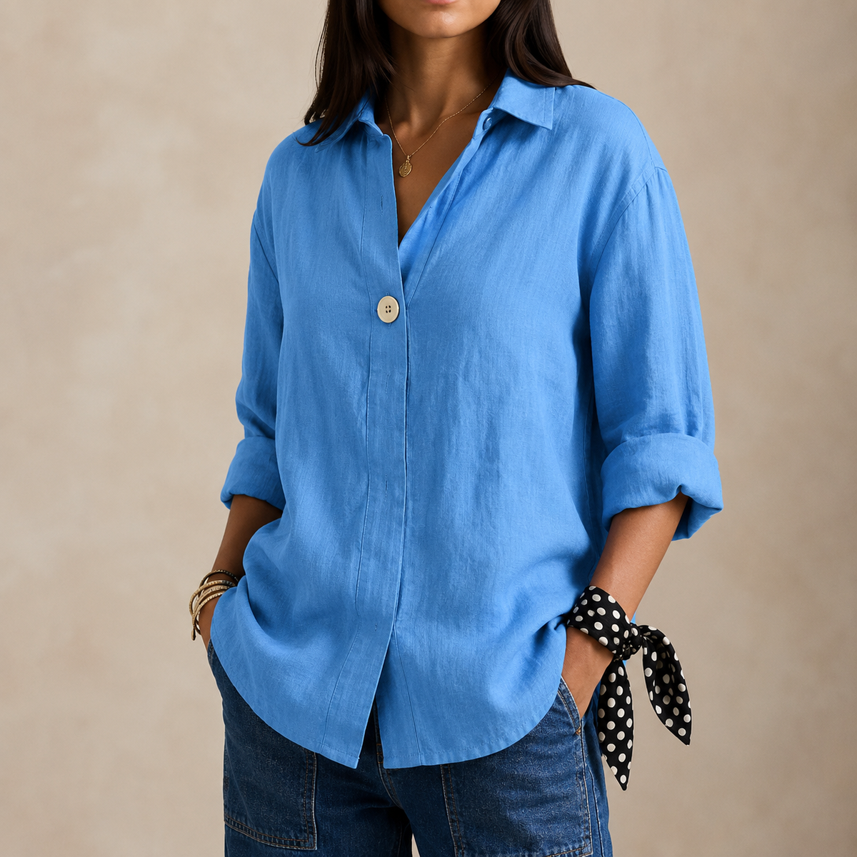 Charlotte | Women’s Blouse | Single Button Curved Hem Everyday Wear — image 07 — MAREACO