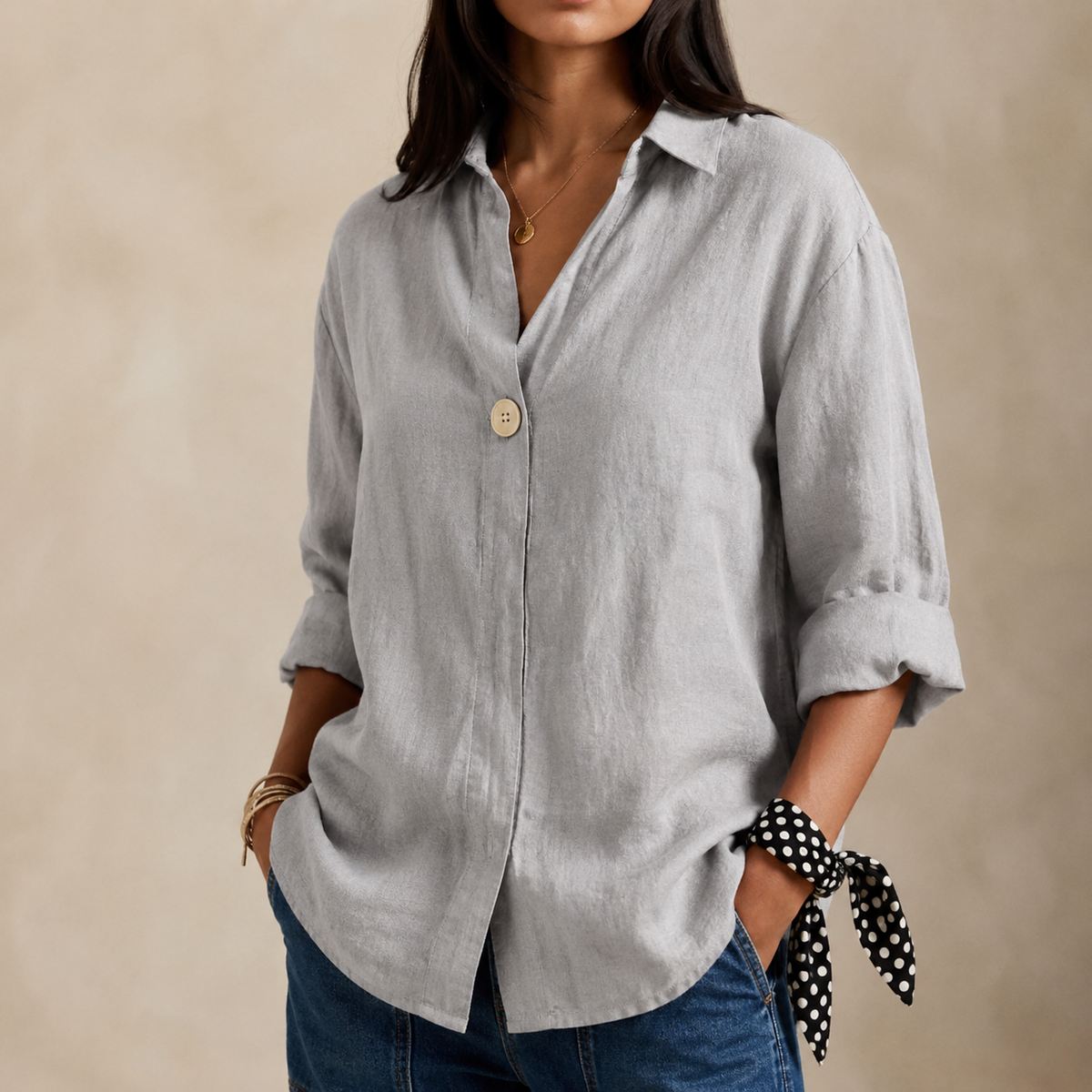 Charlotte | Women’s Blouse | Single Button Curved Hem Everyday Wear — image 08 — MAREACO