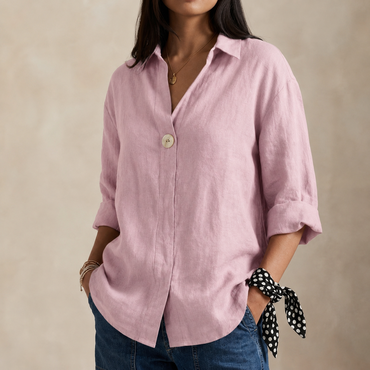 Charlotte | Women’s Blouse | Single Button Curved Hem Everyday Wear — image 09 — MAREACO