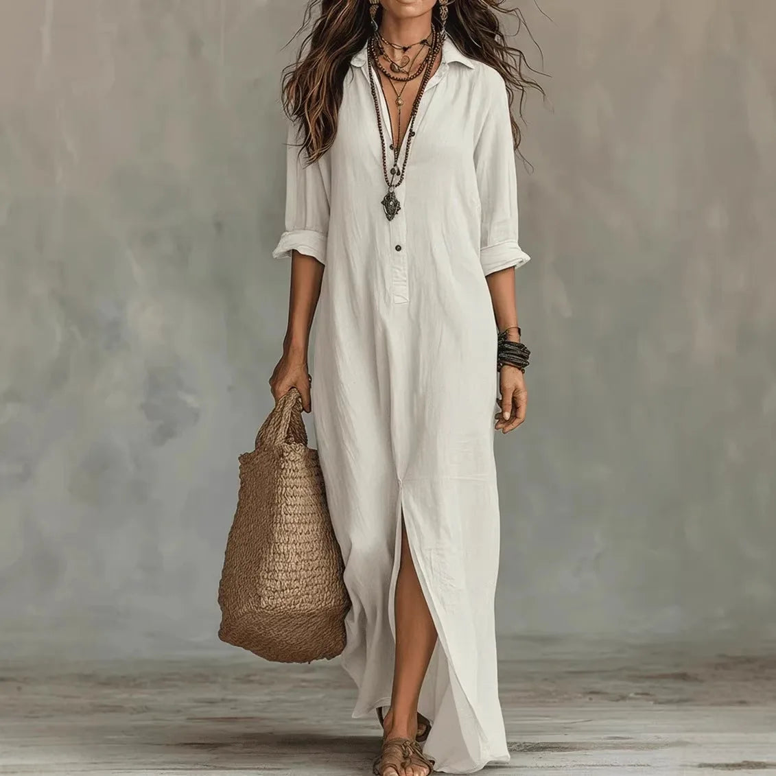 Charlotte | Women’s Maxi Dress | Shirt Collar Three Quarter Sleeves Daywear — image 01 — MAREACO