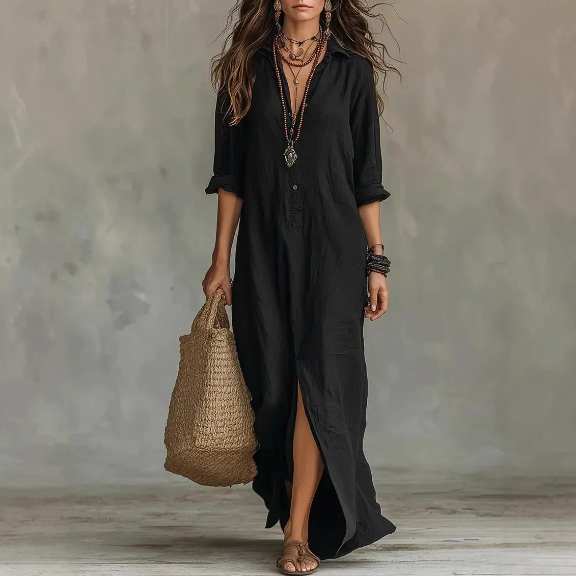 Charlotte | Women’s Maxi Dress | Shirt Collar Three Quarter Sleeves Daywear — image 02 — MAREACO