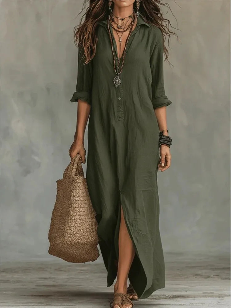 Charlotte | Women’s Maxi Dress | Shirt Collar Three Quarter Sleeves Daywear — image 06 — MAREACO