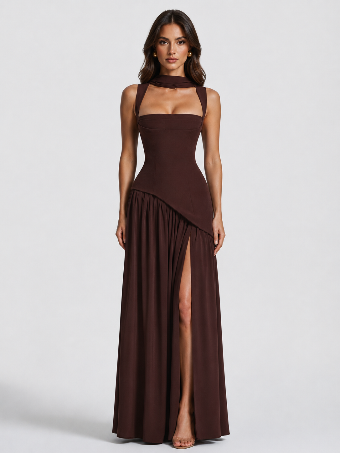 Charlotte | Women’s Maxi Dress | Square Neck Draped Skirt Evening Wear — image 01 — MAREACO