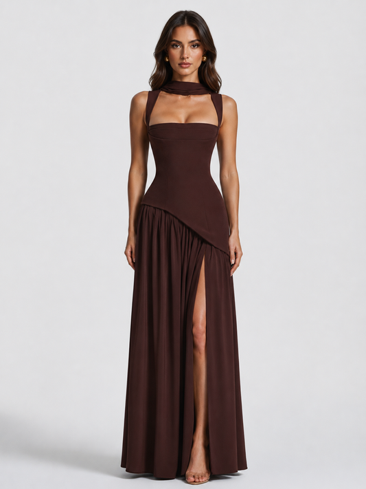 Charlotte | Women’s Maxi Dress | Square Neck Draped Skirt Evening Wear — image 01 — MAREACO