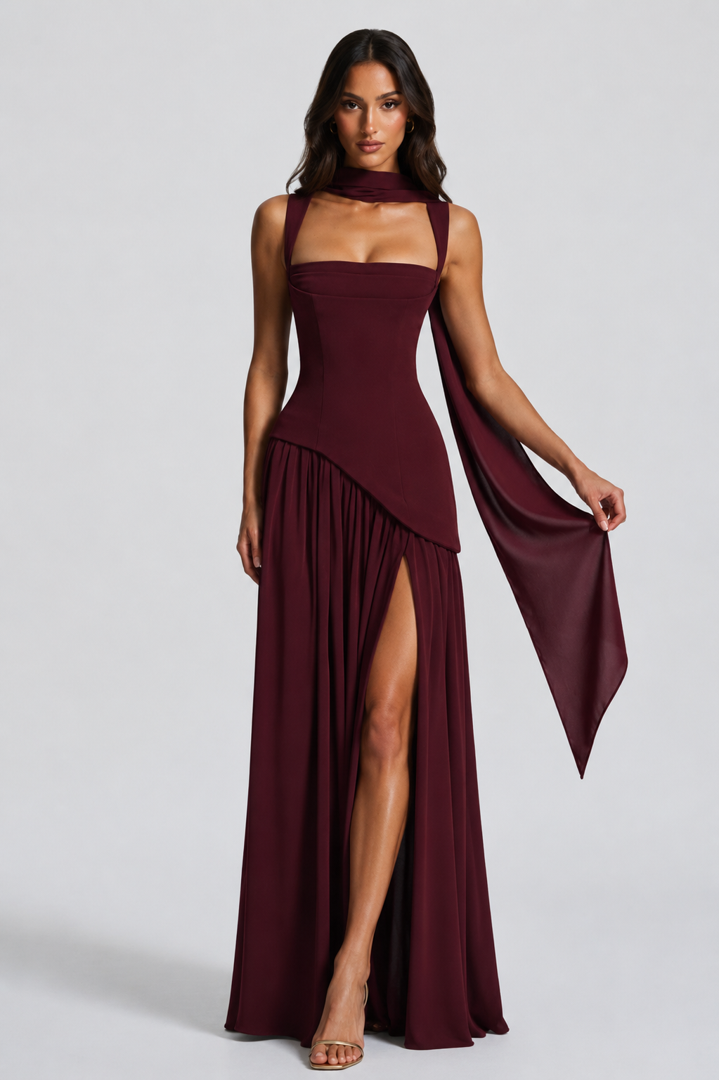 Charlotte | Women’s Maxi Dress | Square Neck Draped Skirt Evening Wear — image 09 — MAREACO