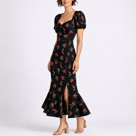 Charlotte | Women’s Midi Dress | Floral Print Button Front Occasion Wear — image 01 — MAREACO