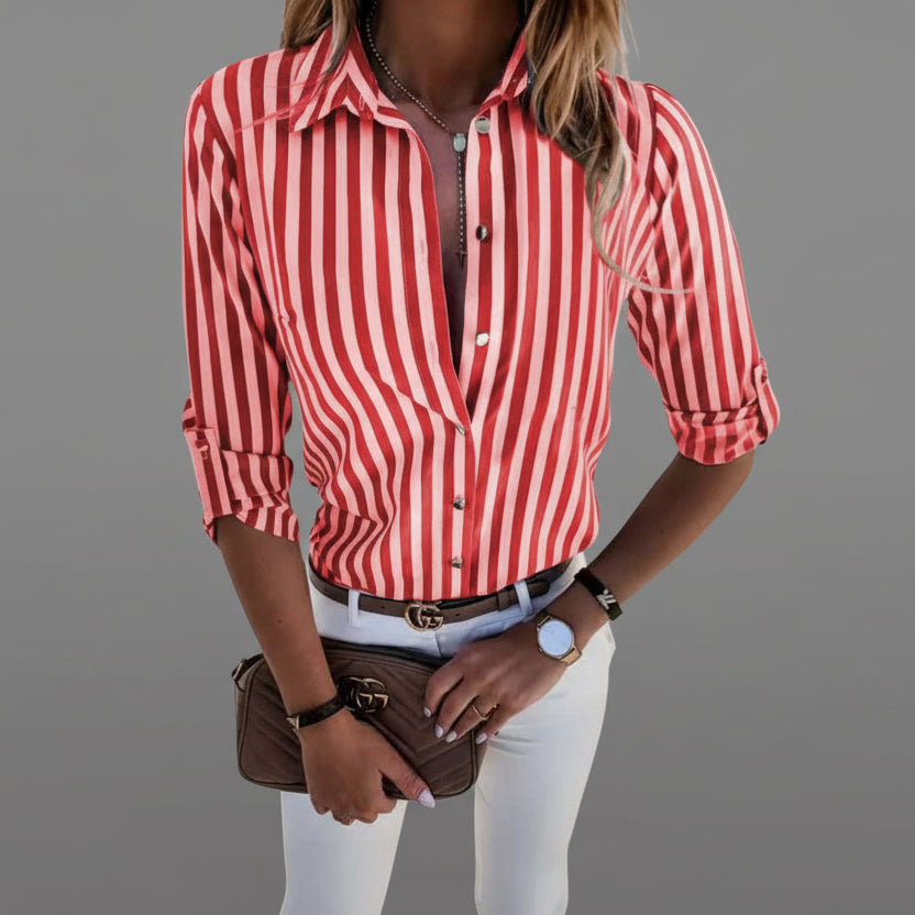 Charlotte | Women’s Shirt | Vertical Stripes Roll Tab Sleeves Daywear — image 02 — MAREACO