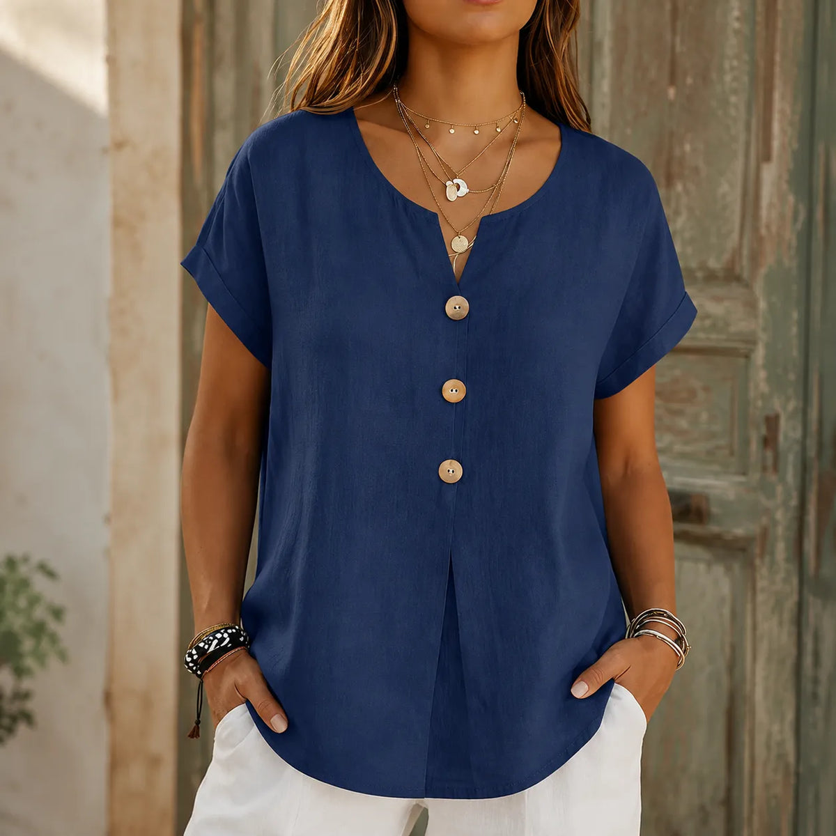Chloe | Women’s Blouse | Front Buttons Curved Hem Everyday Wear — image 01 — MAREACO