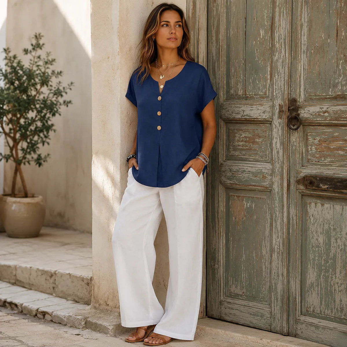 Chloe | Women’s Blouse | Front Buttons Curved Hem Everyday Wear — image 03 — MAREACO